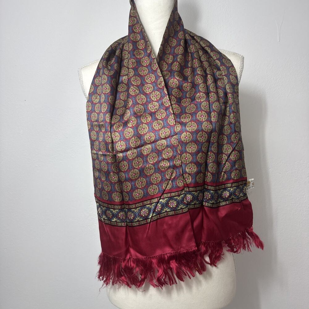 Vtg Golden Camel Shanghai 100% Pure Silk Scarf Fringe Red Geometric Rectangle